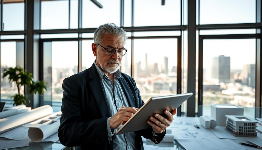 An architect analyzing data on a digital tablet, surrounded by architectural plans and 3D models. In the foreground, focus on the architect, a middle-aged person with a thoughtful expression, dressed in professional attire. The middle layer features a sleek office environment, showcasing a modern workspace with large windows letting in natural light. In the background, a city skyline can be seen through the glass, symbolizing progress and innovation. The lighting is bright and inviting, casting soft shadows that enhance the details of the workspace. The atmosphere is focused and professional, reflecting the importance of measuring the success of AI content in the architectural field. An architect analyzing data on a digital tablet, surrounded by architectural plans and 3D models. In the foreground, focus on the architect, a middle-aged person with a thoughtful expression, dressed in professional attire. The middle layer features a sleek office environment, showcasing a modern workspace with large windows letting in natural light. In the background, a city skyline can be seen through the glass, symbolizing progress and innovation. The lighting is bright and inviting, casting soft shadows that enhance the details of the workspace. The atmosphere is focused and professional, reflecting the importance of measuring the success of AI content in the architectural field.