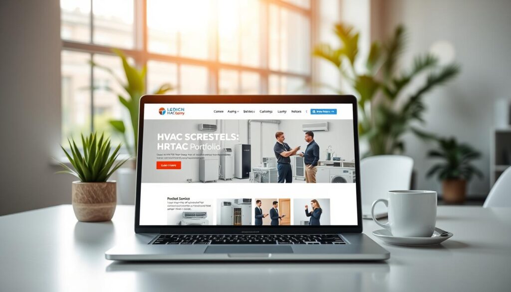 An elegant and modern HVAC website portfolio interface displayed on a sleek laptop, placed on a minimalist desk in a bright, airy office environment. In the foreground, the laptop screen showcases a visually appealing HVAC company website, featuring images of air conditioning units, heating systems, and technicians in professional attire attending to clients. In the middle ground, a stylish office setup includes a few plants, a notepad, and a cup of coffee, enhancing the professional ambiance. The background consists of large windows with natural sunlight streaming in, casting soft shadows. The atmosphere is clean, inviting, and focused, reflecting the professionalism of leading HVAC design agencies. Use soft, warm lighting that creates a friendly and welcoming mood, with a slight depth of field for a polished look. An elegant and modern HVAC website portfolio interface displayed on a sleek laptop, placed on a minimalist desk in a bright, airy office environment. In the foreground, the laptop screen showcases a visually appealing HVAC company website, featuring images of air conditioning units, heating systems, and technicians in professional attire attending to clients. In the middle ground, a stylish office setup includes a few plants, a notepad, and a cup of coffee, enhancing the professional ambiance. The background consists of large windows with natural sunlight streaming in, casting soft shadows. The atmosphere is clean, inviting, and focused, reflecting the professionalism of leading HVAC design agencies. Use soft, warm lighting that creates a friendly and welcoming mood, with a slight depth of field for a polished look.