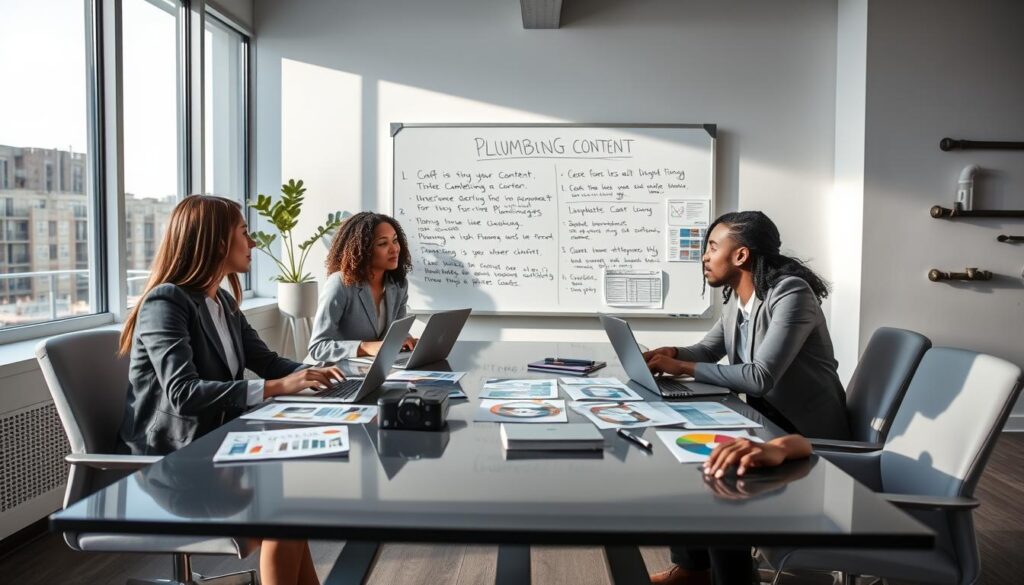 In a modern office setting, a professional marketing team is engaged in a brainstorming session about plumbing services. In the foreground, a diverse group of individuals in business attire—two women and one man—are seated around a sleek, stylish table covered with laptops, plumbing brochures, and colorful charts. The middle layer features a large whiteboard filled with notes and ideas about crafting compelling content. In the background, large windows allow natural light to flood in, casting soft shadows across the room. A few plumbing-related items like pipes and wrenches are subtly displayed as decor, adding context to the scene. The mood is dynamic and creative, promoting collaboration and innovation in plumbing marketing strategies. Bright, inviting colors enhance the atmosphere of professionalism and enthusiasm. In a modern office setting, a professional marketing team is engaged in a brainstorming session about plumbing services. In the foreground, a diverse group of individuals in business attire—two women and one man—are seated around a sleek, stylish table covered with laptops, plumbing brochures, and colorful charts. The middle layer features a large whiteboard filled with notes and ideas about crafting compelling content. In the background, large windows allow natural light to flood in, casting soft shadows across the room. A few plumbing-related items like pipes and wrenches are subtly displayed as decor, adding context to the scene. The mood is dynamic and creative, promoting collaboration and innovation in plumbing marketing strategies. Bright, inviting colors enhance the atmosphere of professionalism and enthusiasm.
