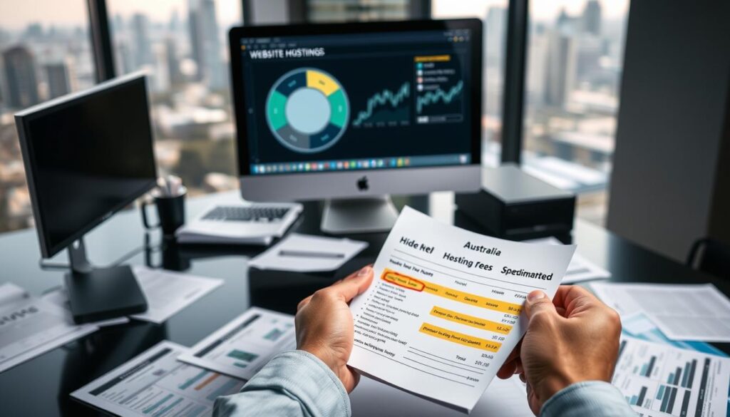 Visualize a professional office environment, focusing on a sleek desk scattered with paperwork, digital spreadsheets, and graphs depicting website hosting costs. In the foreground, a pair of hands are examining a bill with highlighted sections denoting hidden hosting fees—symbols of confusion and surprise. In the middle, a computer screen displays a complex pie chart illustrating various hosting expenses, with one section glaringly larger to symbolize hidden costs. The background features a blurred window showing a cityscape of Australia, hinting at its modern business vibe. Soft, diffused lighting enhances the seriousness of the scene, casting shadows that evoke a sense of hidden complexity. The mood is contemplative and professional, emphasizing the importance of understanding all costs involved in web hosting. Visualize a professional office environment, focusing on a sleek desk scattered with paperwork, digital spreadsheets, and graphs depicting website hosting costs. In the foreground, a pair of hands are examining a bill with highlighted sections denoting hidden hosting fees—symbols of confusion and surprise. In the middle, a computer screen displays a complex pie chart illustrating various hosting expenses, with one section glaringly larger to symbolize hidden costs. The background features a blurred window showing a cityscape of Australia, hinting at its modern business vibe. Soft, diffused lighting enhances the seriousness of the scene, casting shadows that evoke a sense of hidden complexity. The mood is contemplative and professional, emphasizing the importance of understanding all costs involved in web hosting.