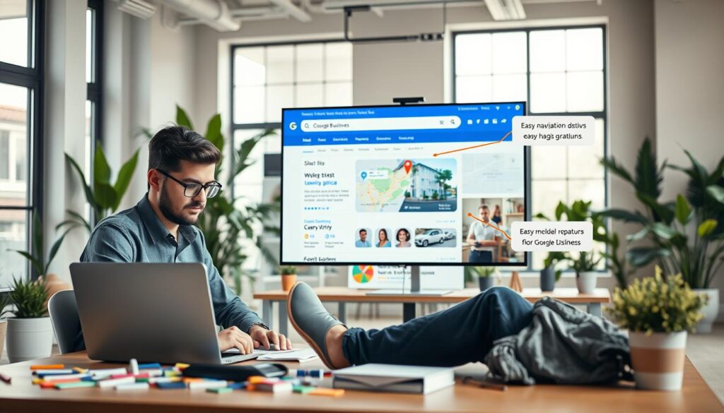 a modern office space featuring a professional graphic designer who is creating an optimized Google Business profile for a cleaning service. In the foreground, the designer, dressed in smart casual attire, is working intently on a laptop, with various colorful design elements scattered around. In the middle, a large screen displays a visually appealing Google Business page with clear accessibility features highlighted, such as easy navigation menus, service listings, and customer reviews. The background shows a bright, airy office with plants and modern decor, emphasizing a productive atmosphere. Soft, natural lighting filters in from large windows, creating a warm, inviting mood while maintaining focus on the importance of accessibility in service business design. a modern office space featuring a professional graphic designer who is creating an optimized Google Business profile for a cleaning service. In the foreground, the designer, dressed in smart casual attire, is working intently on a laptop, with various colorful design elements scattered around. In the middle, a large screen displays a visually appealing Google Business page with clear accessibility features highlighted, such as easy navigation menus, service listings, and customer reviews. The background shows a bright, airy office with plants and modern decor, emphasizing a productive atmosphere. Soft, natural lighting filters in from large windows, creating a warm, inviting mood while maintaining focus on the importance of accessibility in service business design.